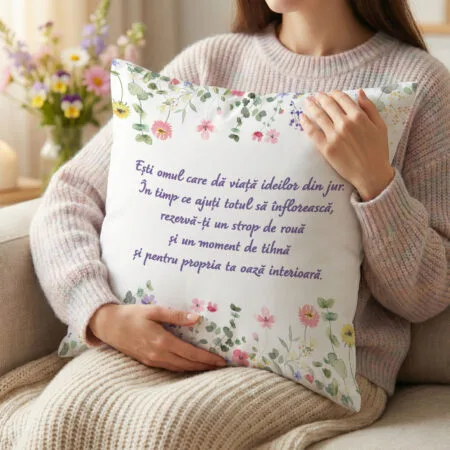 pernă decorativă "oază de tihnă" mesaj emoționant & flori de câmp (cadou colegă / prietenă)