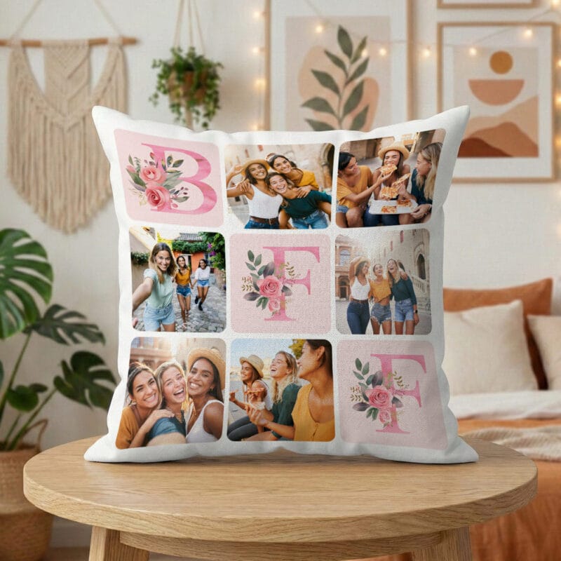 pernă personalizată "bff collage" 6 poze & litere florale (cadou cea mai bună prietenă)