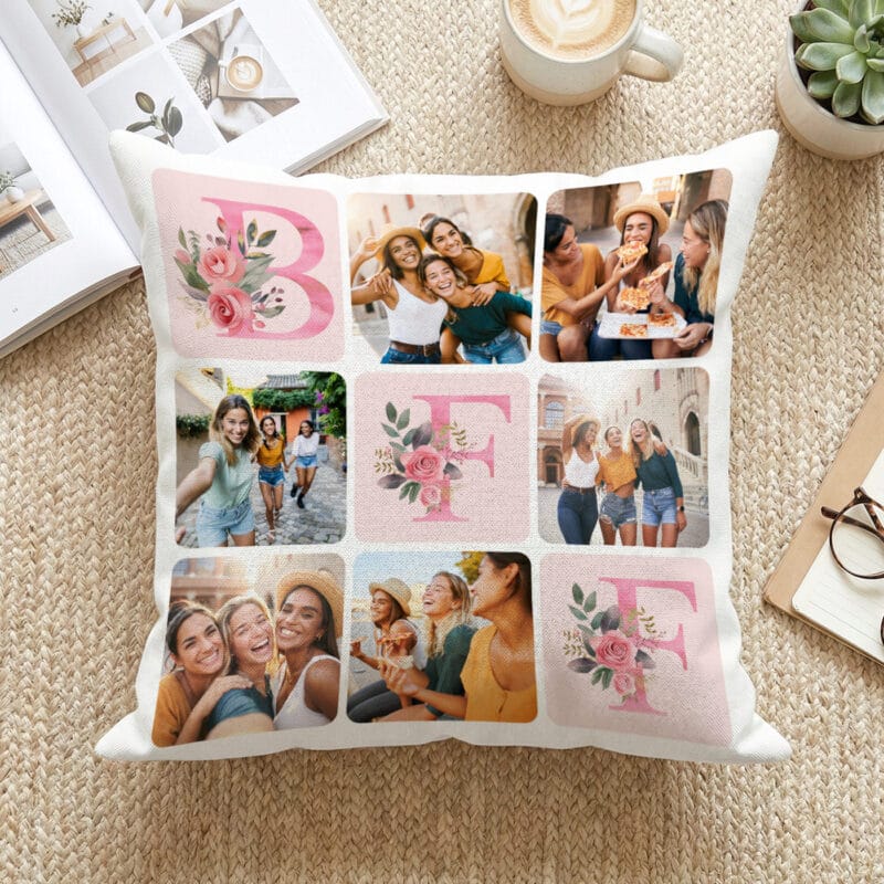 pernă personalizată "bff collage" 6 poze & litere florale (cadou cea mai bună prietenă)