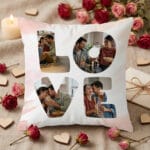 pernă personalizată "love story" colaj 4 poze în litere (design acuarelă roz)