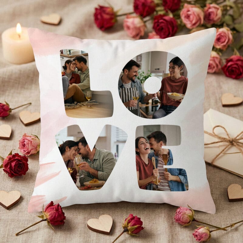 pernă personalizată "love story" colaj 4 poze în litere (design acuarelă roz)