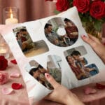 pernă personalizată "love story" colaj 4 poze în litere (design acuarelă roz)