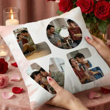 pernă personalizată "love story" colaj 4 poze în litere (design acuarelă roz)