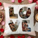 pernă personalizată "love story" colaj 4 poze în litere (design acuarelă roz)