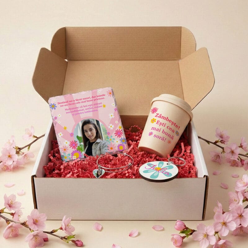set cadou "sora mea, prietena mea" 4 piese personalizate (ardezie, pahar to go, brățară & breloc)