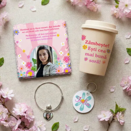 set cadou "sora mea, prietena mea" 4 piese personalizate (ardezie, pahar to go, brățară & breloc)