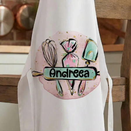 Șorț de bucătărie personalizat "regina prăjiturilor" nume & ustensile patiserie (design acuarelă & gold)