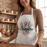 Șorț de bucătărie personalizat "regina prăjiturilor" nume & ustensile patiserie (design acuarelă & gold)