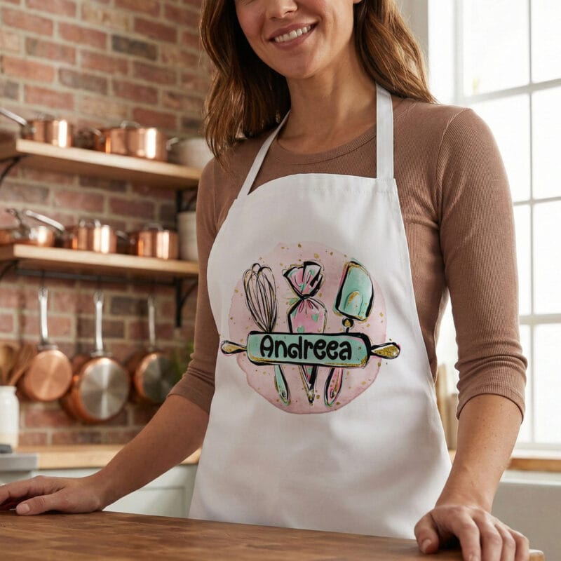 Șorț de bucătărie personalizat "regina prăjiturilor" nume & ustensile patiserie (design acuarelă & gold)