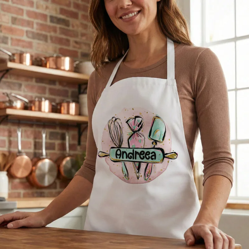 Șorț de bucătărie personalizat "regina prăjiturilor" nume & ustensile patiserie (design acuarelă & gold)