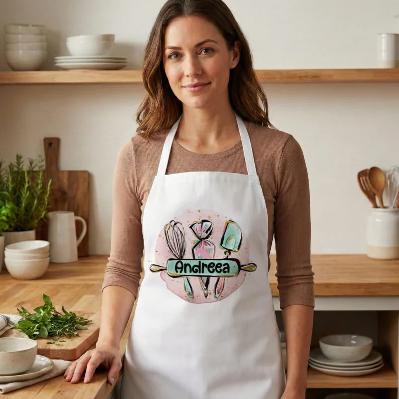 Șorț de bucătărie personalizat "regina prăjiturilor" nume & ustensile patiserie (design acuarelă & gold)