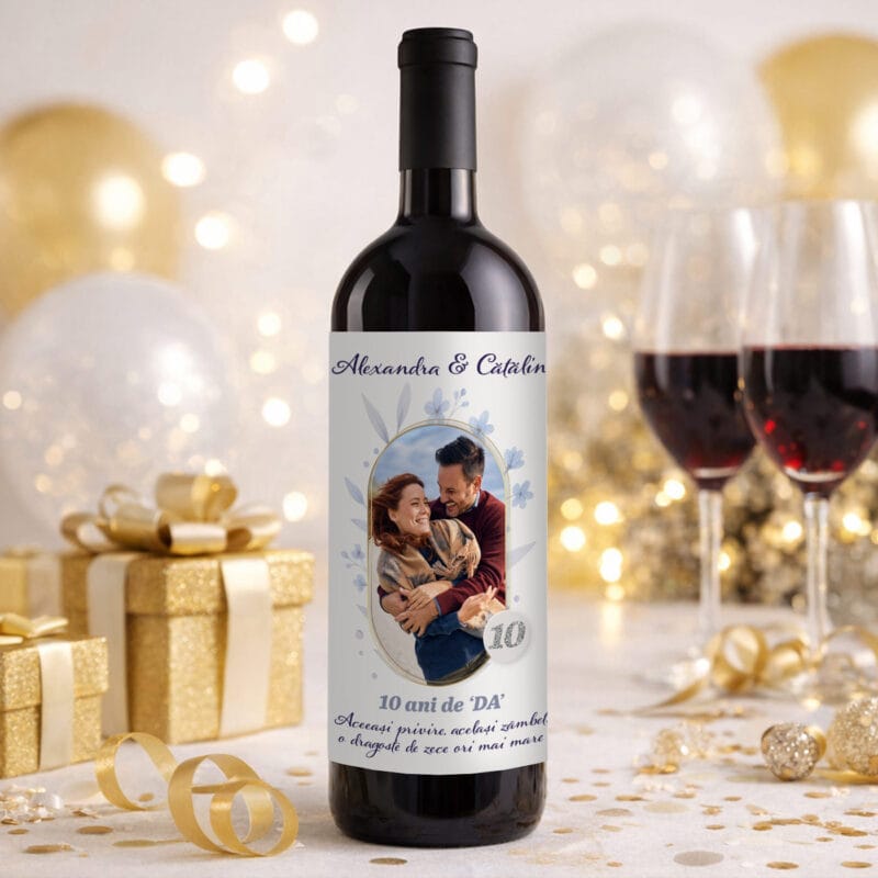 sticlă vin personalizată "10 ani de da" etichetă cu poză, nume & mesaj (aniversare căsătorie) sticlă vin personalizată "10 ani de da" etichetă cu poză, nume & mesaj (aniversare căsătorie)