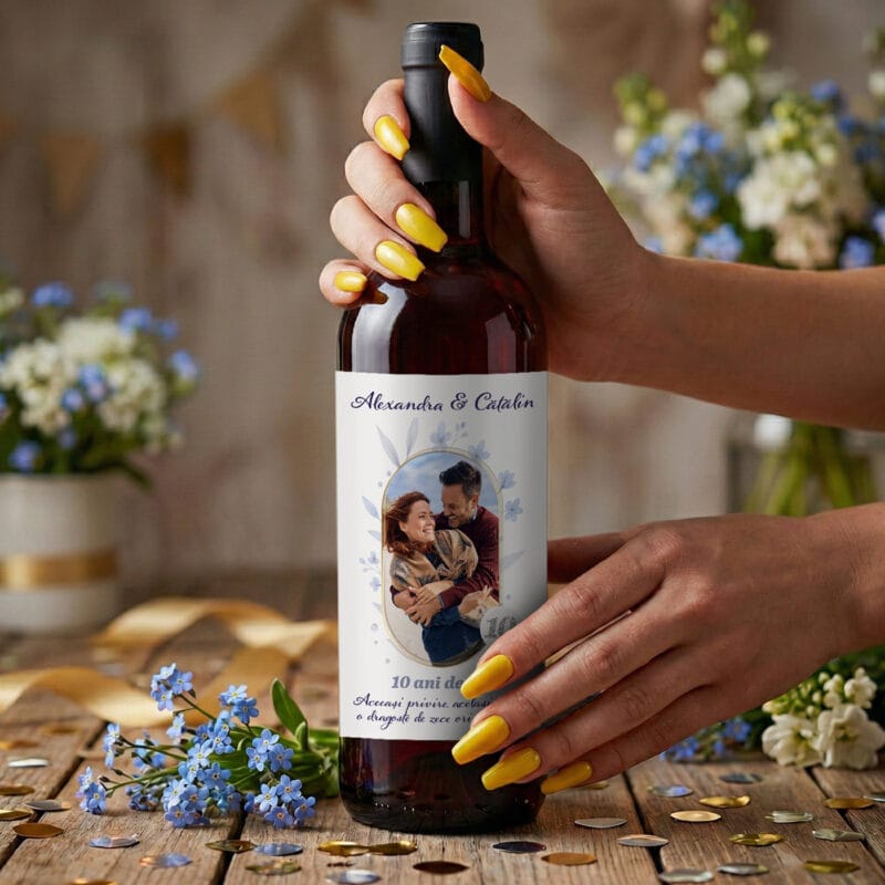 sticlă vin personalizată "10 ani de da" etichetă cu poză, nume & mesaj (aniversare căsătorie)