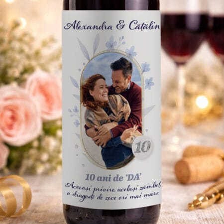 sticlă vin personalizată "10 ani de da" etichetă cu poză, nume & mesaj (aniversare căsătorie)