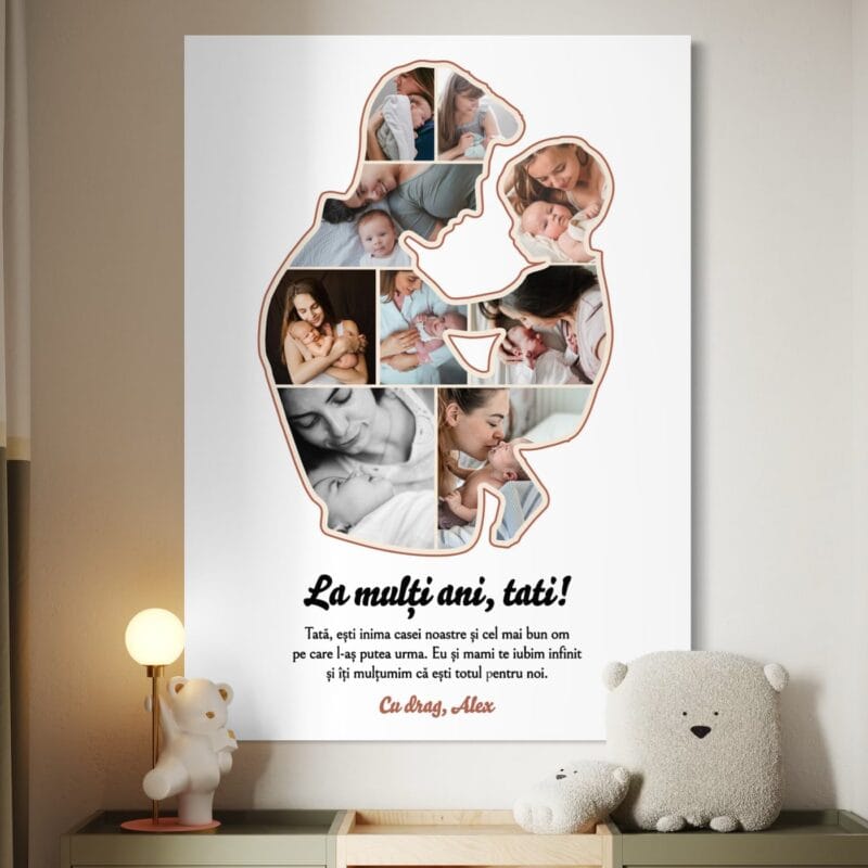 tablou canvas personalizat "la mulți ani, tati!" colaj foto siluetă & mesaj emoționant
