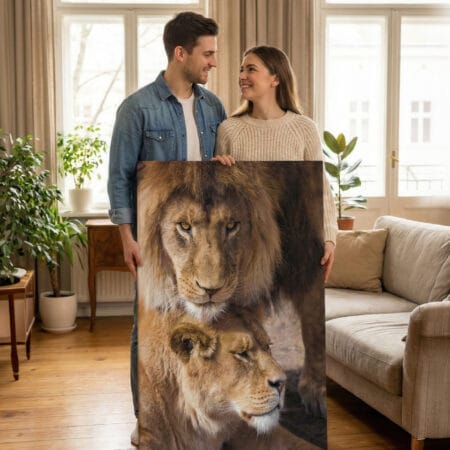 tablou canvas "regele și regina" portret leu și leoaică (simbol protecție & iubire eternă)