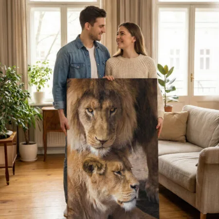 tablou canvas "regele și regina" portret leu și leoaică (simbol protecție & iubire eternă)
