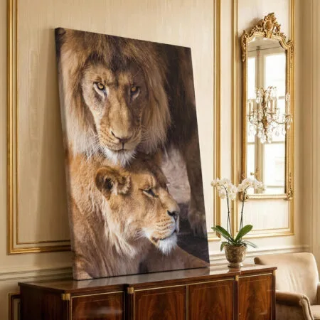 tablou canvas "regele și regina" portret leu și leoaică (simbol protecție & iubire eternă)