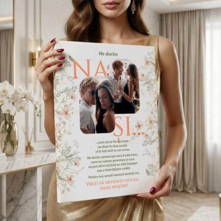 tablou canvas "cerere nași" propunere oficială cu 2 poze & mesaj emoționant (design floral boho)