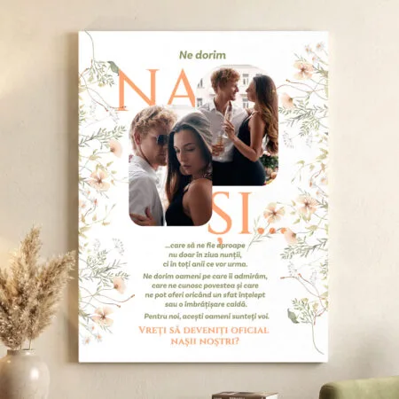 tablou canvas "cerere nași" propunere oficială cu 2 poze & mesaj emoționant (design floral boho)