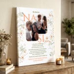 tablou canvas "cerere nași" propunere oficială cu 2 poze & mesaj emoționant (design floral boho)