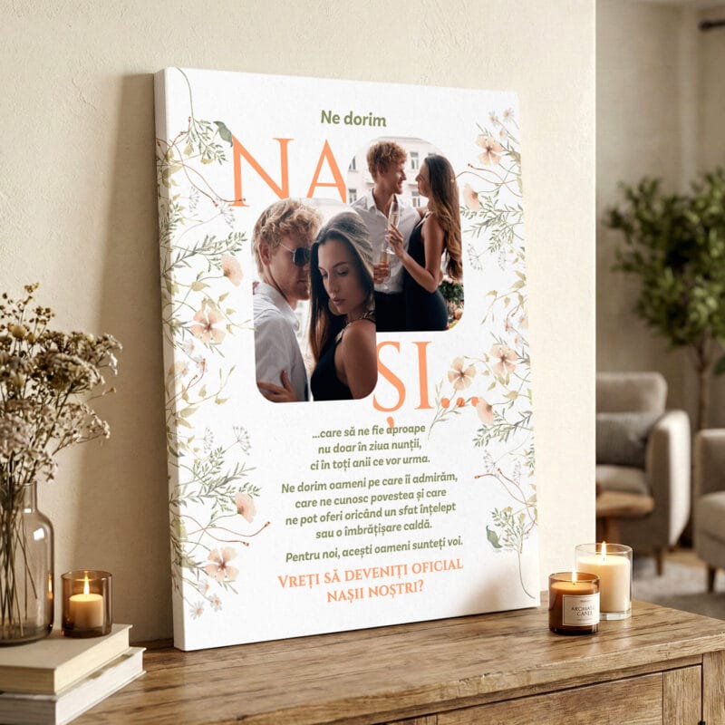 tablou canvas "cerere nași" propunere oficială cu 2 poze & mesaj emoționant (design floral boho)