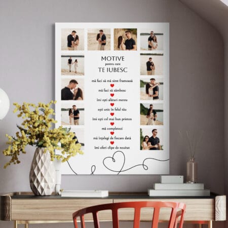 tablou canvas "motive pentru care te iubesc" colaj 12 poze & declarație text (cadou romantic)