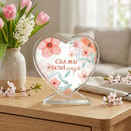 trofeu cristal inimă "cea mai bună nașă" design floral acuarelă & suport inclus