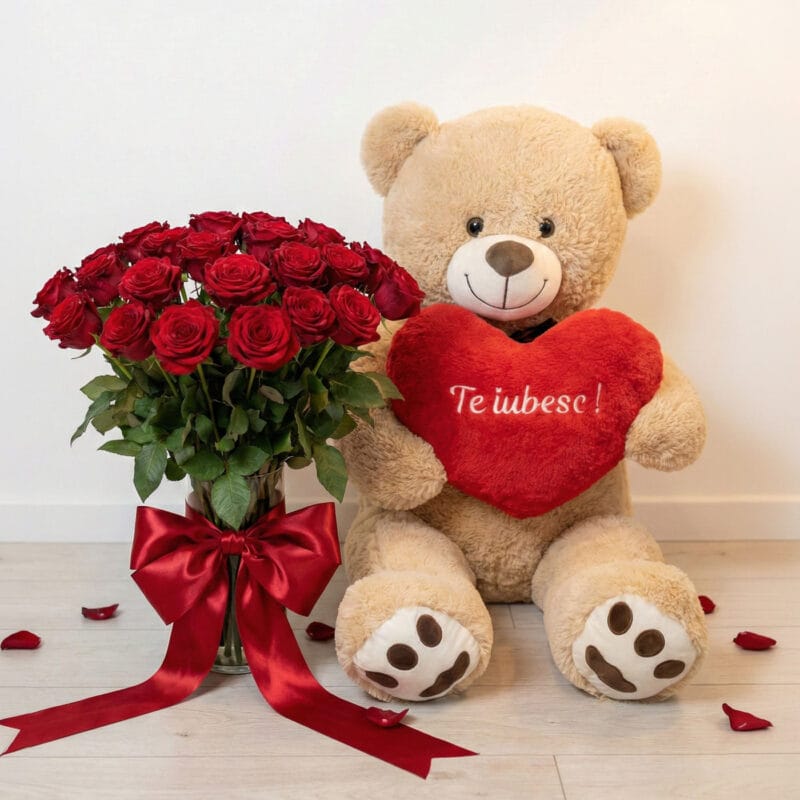 urs de pluș gigant (1 metru) "Îmbrățișare infinită" personalizat cu mesaj brodat pe inimă