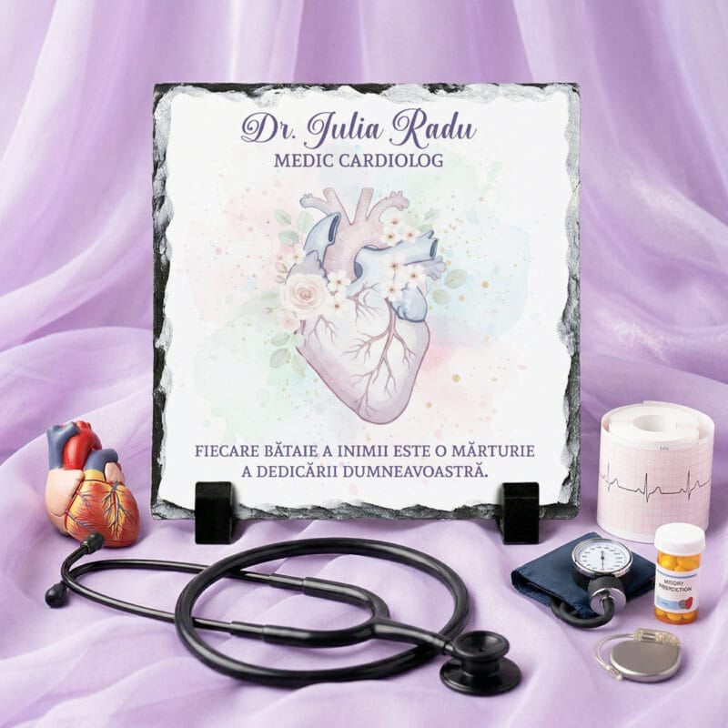 placă pătrată din ardezie personalizată pentru medic cardiolog – cu nume și mesaj