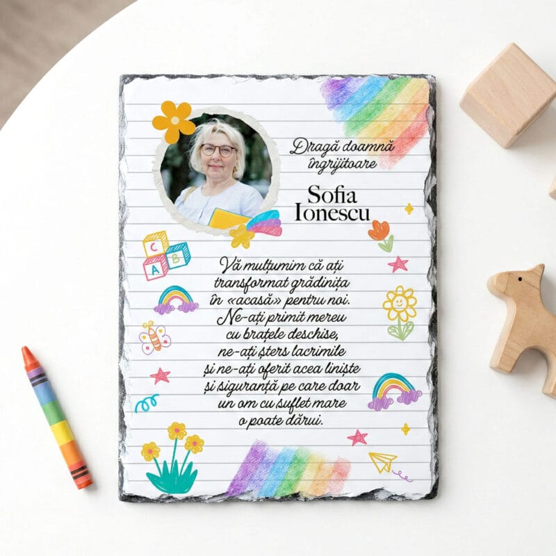 placă ardezie personalizată "suflet mare" cadou doamna Îngrijitoare (poză & mesaj emoționant)