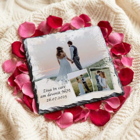 ardezie pătrată personalizată ziua în care am devenit noi – colaj 3 poze și dată