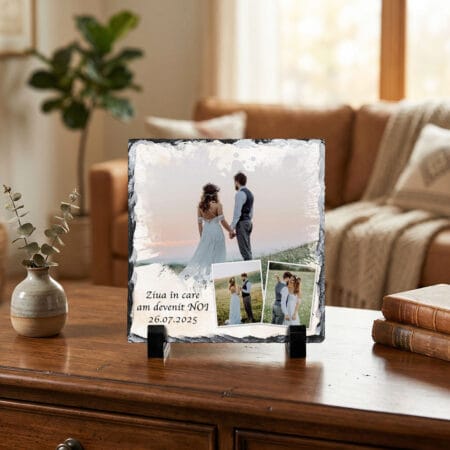 ardezie pătrată personalizată ziua în care am devenit noi – colaj 3 poze și dată