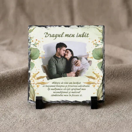 placă de ardezie personalizată pentru iubit – poză, mesaj de dragoste și accente aurii