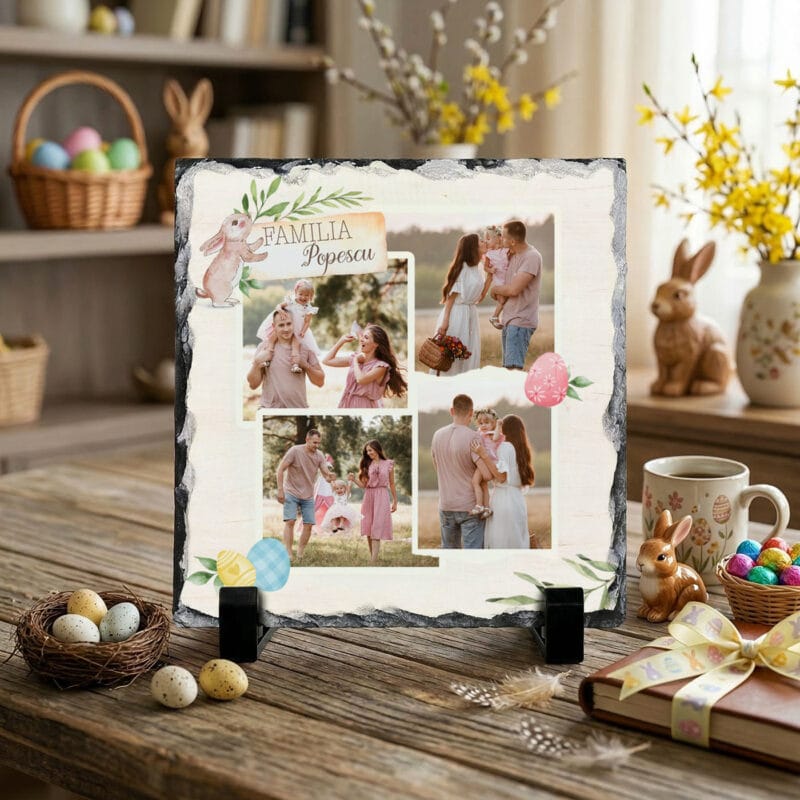 placă de ardezie personalizată cu 4 poze și nume familie – magia paștelui
