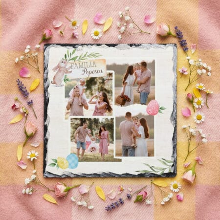 placă de ardezie personalizată cu 4 poze și nume familie – magia paștelui