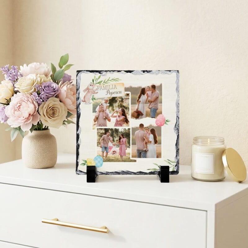 placă de ardezie personalizată cu 4 poze și nume familie – magia paștelui