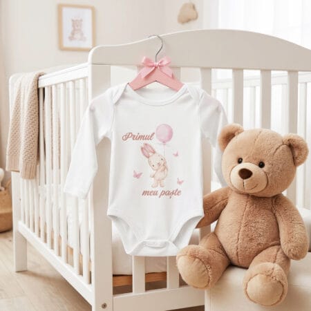 body personalizat bebeluși „primul meu paște” – iepuraș cu balon roz