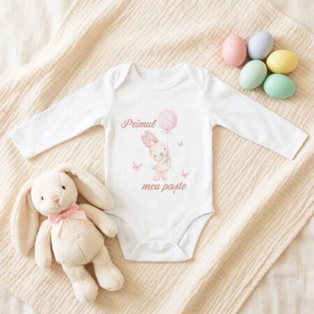 body personalizat bebeluși „primul meu paște” – iepuraș cu balon roz
