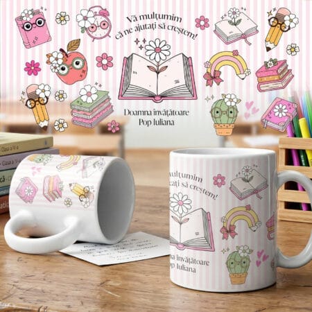 cană personalizată Învățătoare – design vesel „vă mulțumim că ne ajutați să creștem!”
