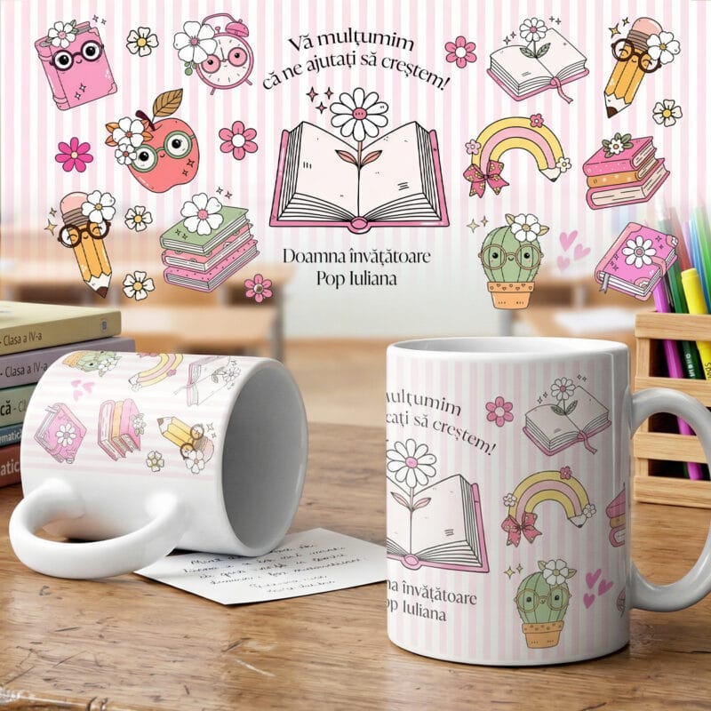 cană personalizată Învățătoare – design vesel „vă mulțumim că ne ajutați să creștem!”