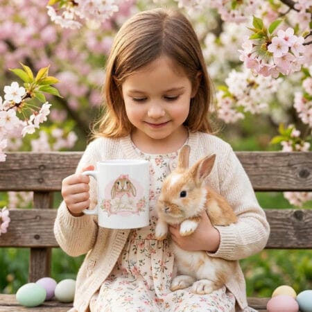 cană personalizată de paște cu nume – iepurașul roz și ouă colorate