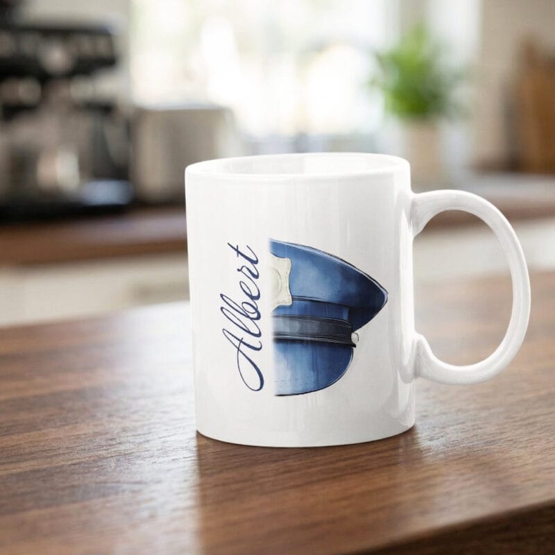 cană personalizată polițist – design minimalist cu cașchetă și nume