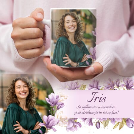 cană personalizată cu poză și nume „iris” – design floral