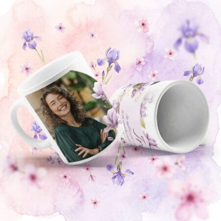 cană personalizată cu poză și nume „iris” – design floral