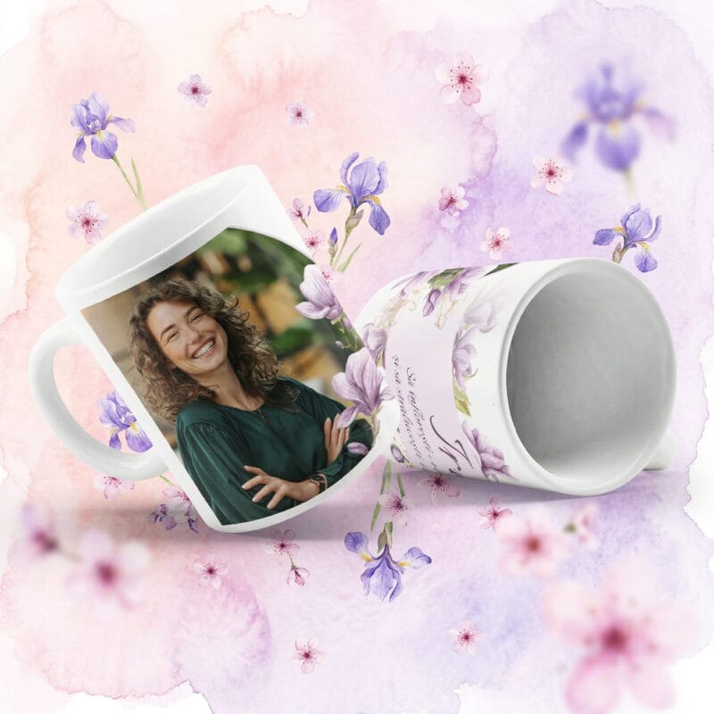 cană personalizată cu poză și nume „iris” – design floral