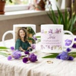 cană personalizată cu poză și nume „iris” – design floral