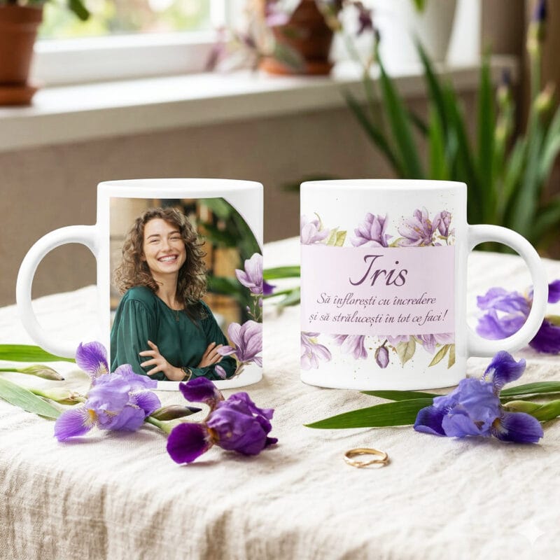 cană personalizată cu poză și nume „iris” – design floral