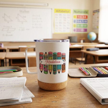 cană termos personalizată pentru Învățătoare – design „creioane colorate” cu nume