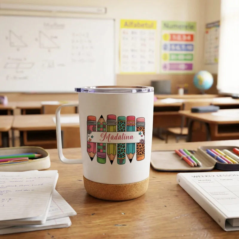 cană termos personalizată pentru Învățătoare – design „creioane colorate” cu nume